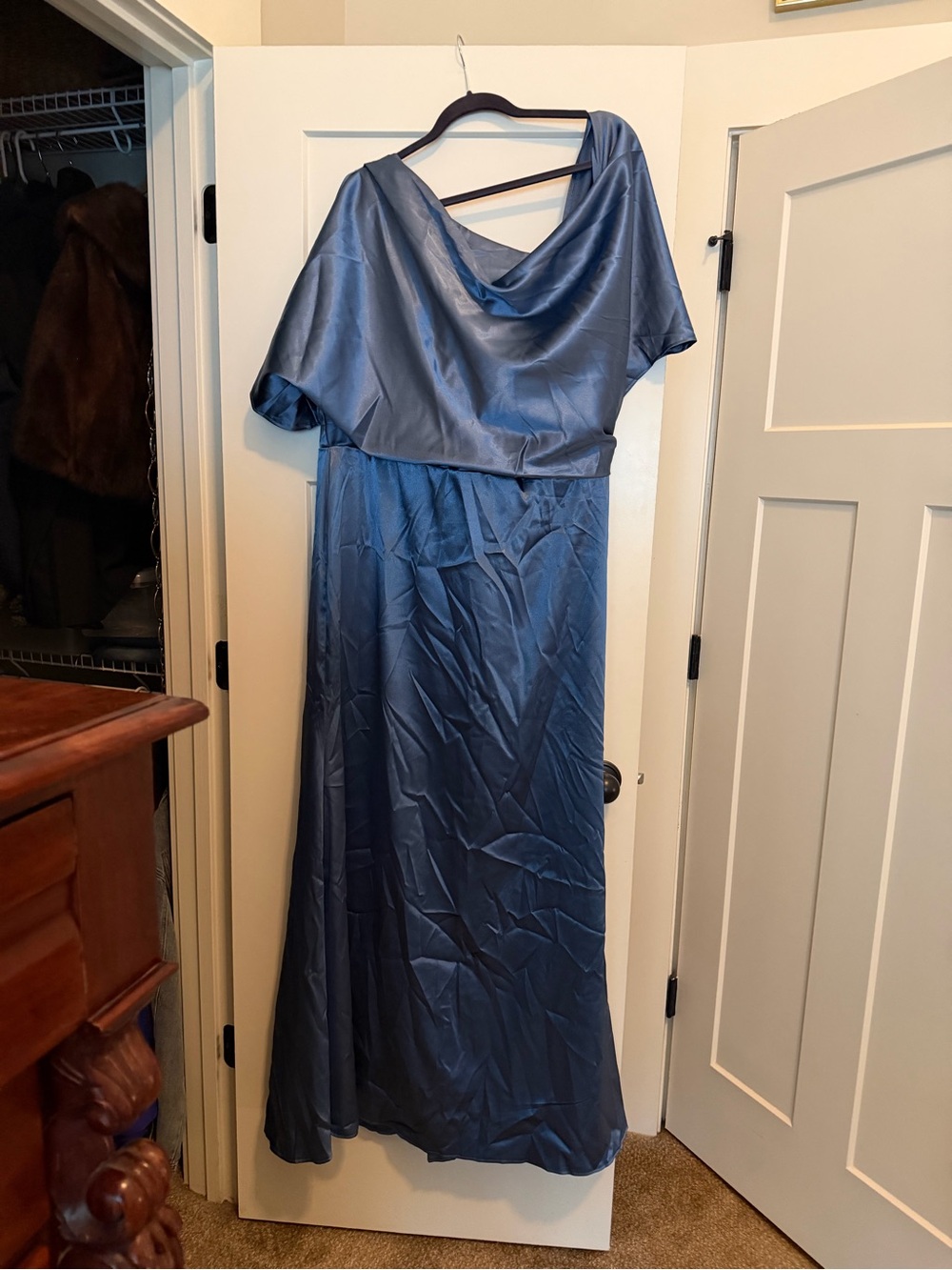 One-Shoulder Satin Evening Dress in Slate Blue